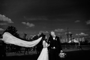  Mutlu gelin ve damat şehirde poz veriyor, siyah beyaz fotoğraf