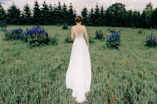 Bride in park facing back in white wedding dress with lace and bare back. Hairs are arranged in braided bun, complemented by tiny flowers. Focus on bride\'s back, background slightly out of focus