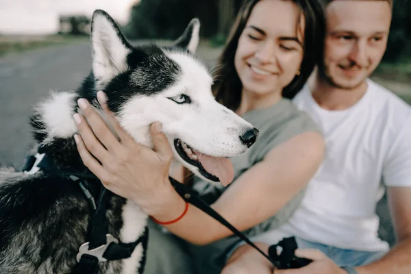 Retrato Casal Sênior Feliz Parque Com Cão — Fotografia de Stock