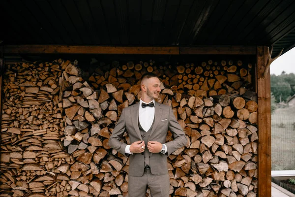 Foto Retrato Hombre Guapo Con Traje Gris Lazo Corbata — Foto de Stock