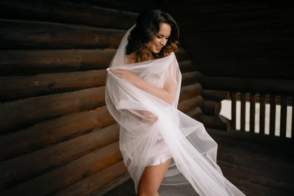 Mattina Della Sposa Sposa Sul Balcone Mattino — Foto Stock