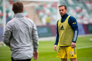 MINSK, BELARUS - 24 Mayıs 2020: FC BATE Borisov oyuncuları Belarus Kupası Finali 2020. Dinamo Stadyumu 'nda (Minsk) FC BATE Borisov - FC Dinamo Brest maçı)