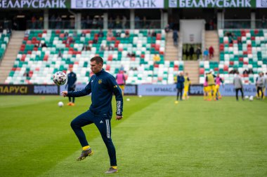 MINSK, BELARUS - 24 Mayıs 2020: FC BATE Borisov oyuncuları Belarus Kupası Finali 2020. Dinamo Stadyumu 'nda (Minsk) FC BATE Borisov - FC Dinamo Brest maçı)