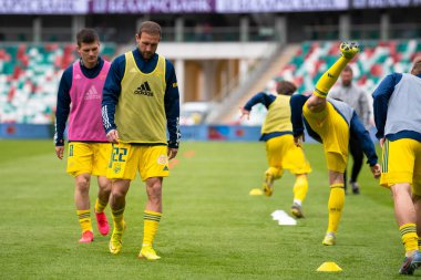 MINSK, BELARUS - 24 Mayıs 2020: FC BATE Borisov oyuncuları Belarus Kupası Finali 2020. Dinamo Stadyumu 'nda (Minsk) FC BATE Borisov - FC Dinamo Brest maçı)