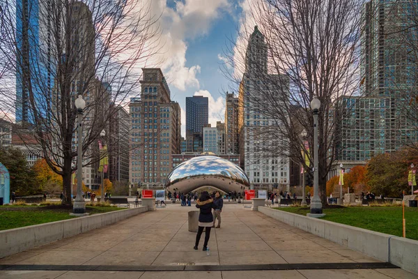 Chicago Illinois Diciembre 2015 Cloud Gate Frijol Millennium Park Con — Foto de Stock