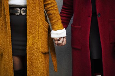 El ele tutuşan lezbiyen çiftler, aşk dili, iki kadın.