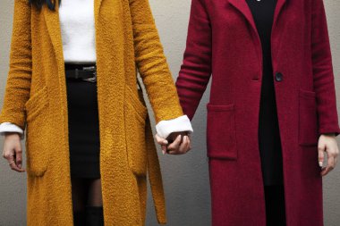 El ele tutuşan lezbiyen çiftler, aşk dili, iki kadın.