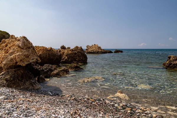 View Rocky Coastline Plimmiri Rhodes Island Greece Gravel Beach Rocks — Stock Photo, Image