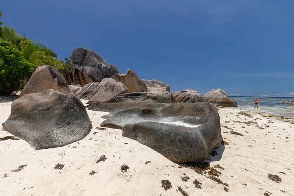 Прекрасный Пляж Anse Source Argent Сейшельских Островах Digue Белым Песком — стоковое фото