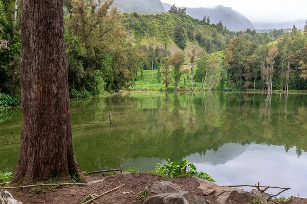 Paisaje Con Lago Idílico Cordillera Árboles Verdes Interior Isla Reunión — Foto de Stock