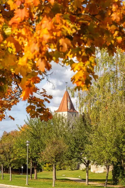 Φθινόπωρο τοπίο με πολύχρωμα δέντρα και το τείχος της πόλης με towe — Φωτογραφία Αρχείου