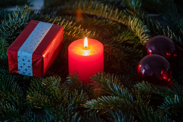 Рождественский мотив с красной горящей свечой в окружении Нордмана — стоковое фото