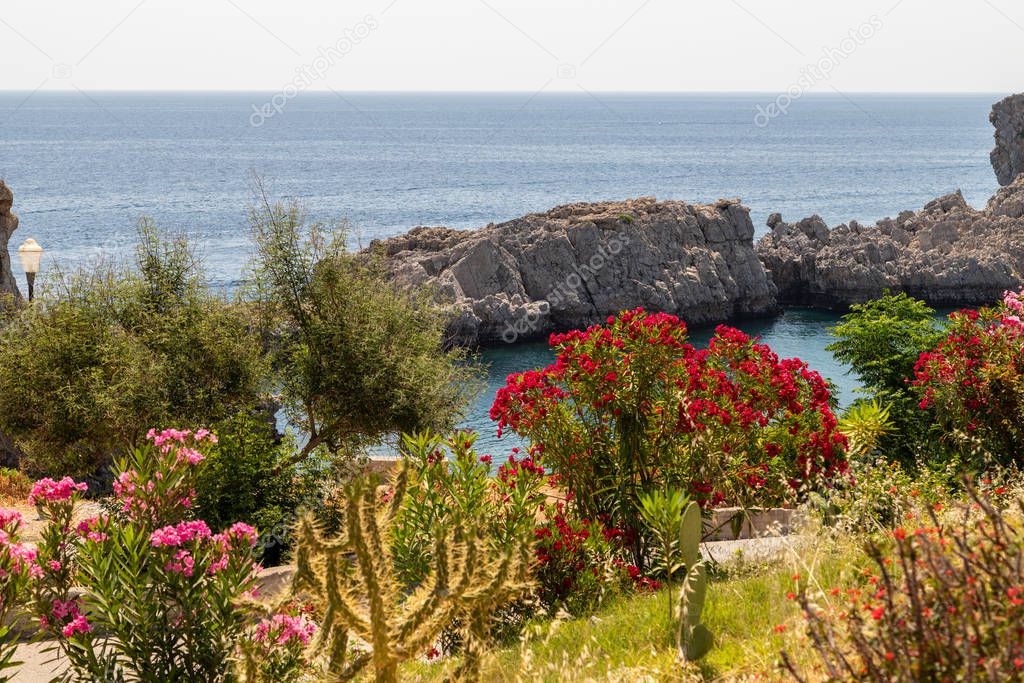 Scenic view at Saint Pauls bay in Lindos on Rhodes island, Greec