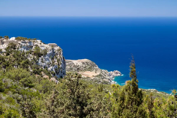 Scenic view at landscape and rocky coastline near Monolithos on — Stock Photo, Image