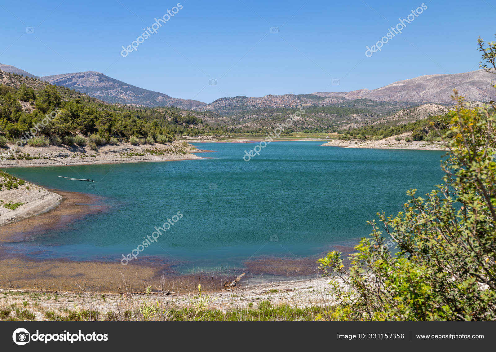 Scenic View Dammed Lake Limni Apolakkias At Greek Island Rhodes.