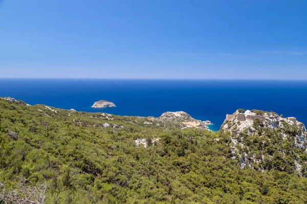 Scenic view at landscape and rocky coastline near Monolithos on — Stock Photo, Image