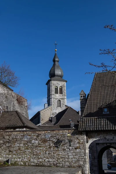 Blick Auf Den Turm Der Kirche Lucia Stolberg Eifel — Stockfoto