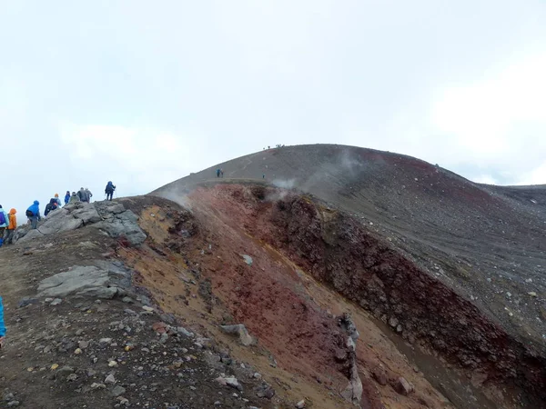 一群游客征服了堪察加半岛一座火山的顶部 — 图库照片