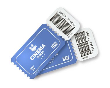 Two cinema tickets. Movie admit one blue paper ticket with realistic shadow vector concept. Vouchers with barcodes. Coupons with tear off elements. Event pass samples. Digital identification clipart