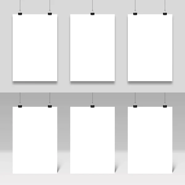 Poster mockup hanging on paperclips. Realistic posters frames template vector set. White paper boards with binders. Stationery accessories, office items. Collection of blank placards — Stock Vector