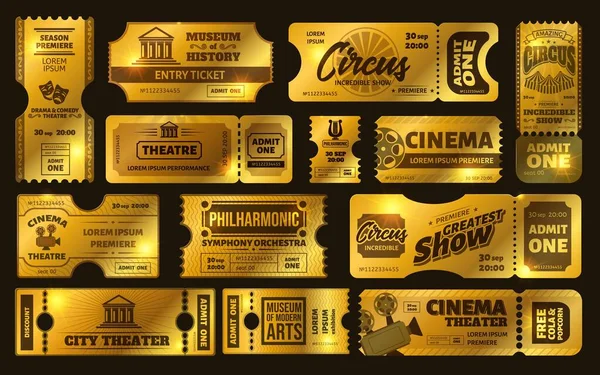 Billetes de oro. Boleto de circo de oro, cupón de noche de cine premium y set de vectores de entradas de teatro. Bonos brillantes. Invitaciones chispeantes. Billetes limitados. Vip pass, museo, orquesta — Archivo Imágenes Vectoriales