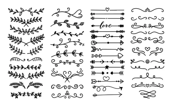 Flourish eskiz süsleme bölücüsü. Çiçeksel karalama bölücüler, klasik el yapımı kabile okları ve kaligrafik dekor sınır vektörü seti. Dekoratif dallar ve zarif bukleler. — Stok Vektör