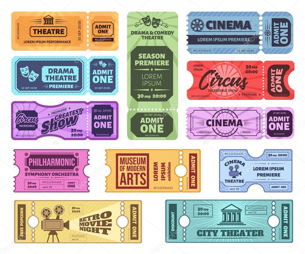 Retro tickets. Circus, cinema and theatre admit one ticket. Vintage admission coupon, concert and movie night tickets vector set. Museum, philharmonic pass. Colorful entertainment vouchers