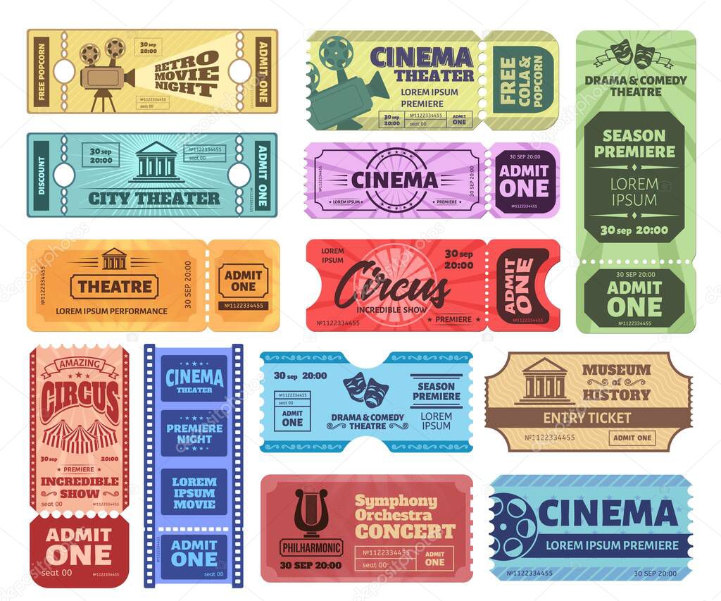 Vintage tickets. Admit one ticket on circus show, cinema movie night admission coupon and theatre tickets vector set. Collection of retro colorful vouchers. Music concert invitation, museum pass