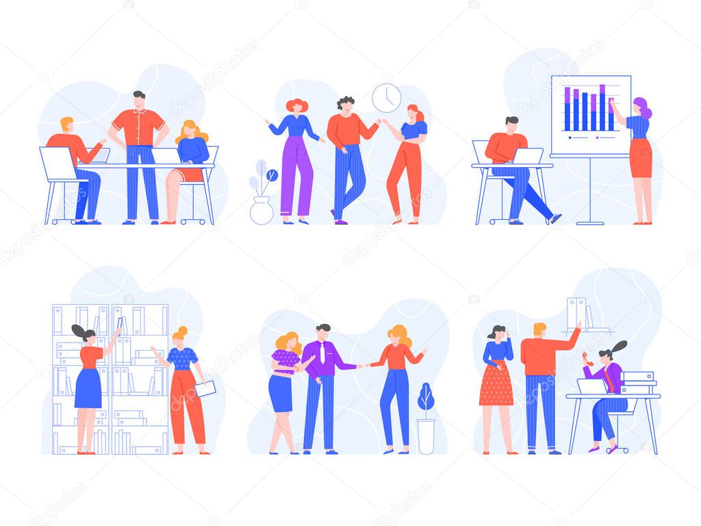 People in office. Training, presentations, meeting and brainstorming, office workers in different business situation vector set. Coworkers chatting at workplace. Colleagues discussing work process