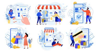 İnternetten alışveriş. İnternet pazarı, mobil uygulama alışverişi ve insanlar hediye alıyor. Akıllı telefon ödemesi ve kıyafet satışı düz vektör çizim seti. E ticaret konsepti. Alıcılar çizgi film karakterleri