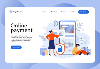 Çevrimiçi ödeme garantisi. İnsanlar mobil mağazadan, çevrimiçi alışveriş ve kolay internet sitesi ödemeleri vektör illüstrasyonundan satın alıyor. E ticaret, internet satışı, elektronik ödemeli web sitesi düzeni