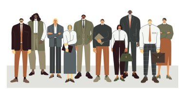 Uluslararası iş ekibi. İş bürosu çalışanları birlikte, profesyonel çalışanlar kalabalık ve kurumsal kişiler vektör illüstrasyonu. Ofisteki tezgahtar karakterler toplu portreye uyar.