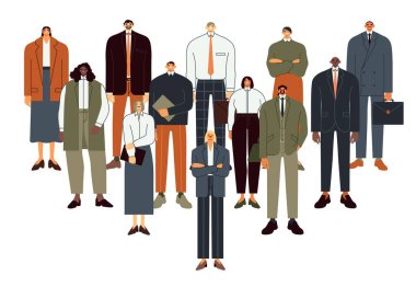 İş adamları takımı. Profesyonel çalışanlar grubu, ofis çalışanları ve takım çalışması düz vektör çizimi. Çok uluslu iş arkadaşları takım elbiseli çizgi film karakterleri bir arada duruyorlar.