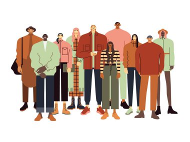 Gençler ya da gençler grubu. Moda kıyafetleri içinde mutlu genç arkadaşlar, çok ırklı öğrenciler takım temsilcisi illüstrasyonu. Üniversite, üniversite öğrencileri 90 'lı yılların modasına uygun kıyafetler giyiyor.