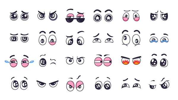 Zeichentrickaugen. Komischer lustiger Ausdruck Augen mit verschiedenen Emotionen, weinende Augen, Lachen, wütende und niedliche zwinkernde Augen isolierte Vektor Illustration Set. Handgezeichnete Elemente, emotionale Blicke, Sehenswürdigkeiten — Stockvektor