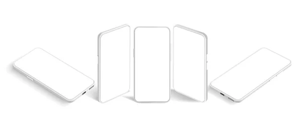 Isométrico mockup teléfono inteligente blanco. Plantilla de presentación de aplicaciones móviles, pantalla de teléfonos inteligentes y perspectiva moderna del teléfono móvil ver conjunto de vectores 3D realistas. Teléfono modelo cliparts pack — Vector de stock