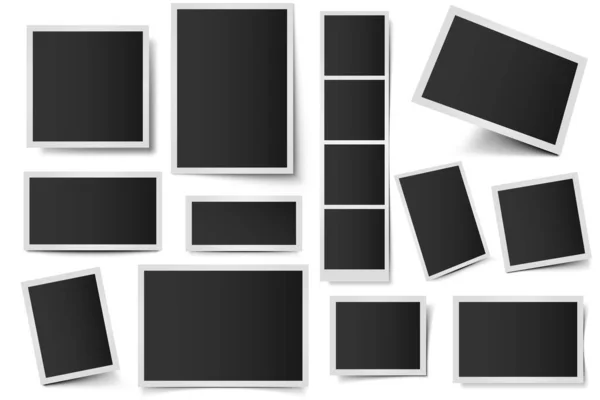 Σκελετοί φωτογραφικών καρτών. Ορθογώνια στιγμιαία φωτογραφίες, τετράγωνο πλαίσιο στιγμιότυπο και φωτογραφία snap με ρεαλιστική σκιά διάνυσμα που. Κενό 3d πλαίσιο πακέτο. Πλαστικά σύνορα απομονωμένα σε λευκό φόντο — Διανυσματικό Αρχείο