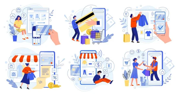 İnternetten ödeme. Banka kredi kartları, güvenli online ödemeler ve finansal fatura. Akıllı telefon cüzdanları, dijital ödeme teknolojisi ve modern perakende düz vektör çizimi. İnternet ödemesi