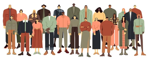 Multi ethnic people group. Multiracial student crowd, multinational young people standing together vector illustration. Youth cartoon characters , multicultural men and women on white — Διανυσματικό Αρχείο