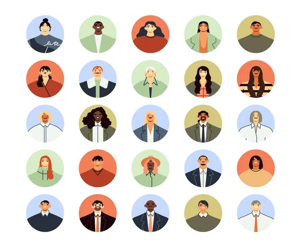 Avatars des employés de bureau. Portraits ronds d'hommes et de femmes d'affaires, avatar d'ouvrier professionnel et ensemble d'illustration vectorielle plate d'employés. Jeunes médias sociaux photo icônes pack — Image vectorielle