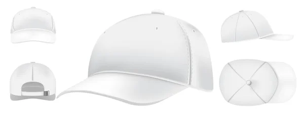 Una maqueta de gorra blanca. Gorras deportivas vista superior, sombrero de béisbol y sombreros uniformes vistas realista conjunto de vectores 3D. Ropa casual, moda, ropa de calle. Tocado moderno frontal, superior, lateral, paquete de vista trasera — Vector de stock