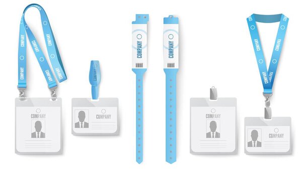 Identification card badge. Event identification cards, badges on lanyard and blue ID mockup realistic vector set. Employee pass, access cards template, colorful paper wristbands for events