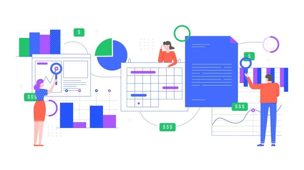 Analytique financière. Les gens analysent les tableaux financiers, l'analyse des graphiques de revenu et les employés de bureau travaillent ensemble. Concept de travail d'équipe illustration vectorielle plate. Coopération et recherche des salariés — Image vectorielle