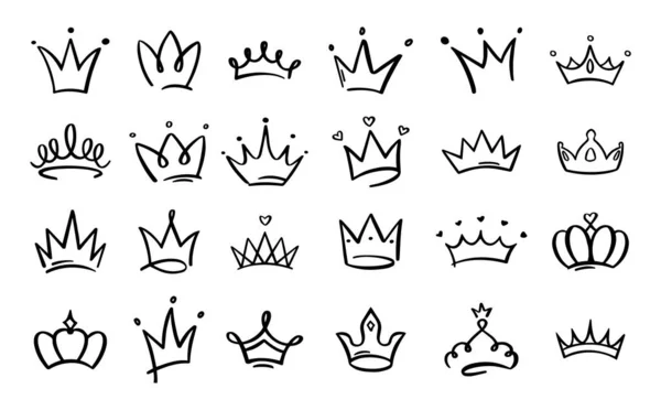 Karalama tacı. Çizgi sanatı kralı ya da kraliçe taç çizimi, taç giymiş dostlar, güzel diyadem ve lüks çıkartma vektör çizimi. Elle çizilmiş kraliyet baş aksesuarları