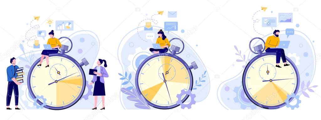 Work rate time management. Working hours timer, productivity timekeeper and team people working on laptop flat vector illustration set. Office workers cartoon characters sitting on stopwatch