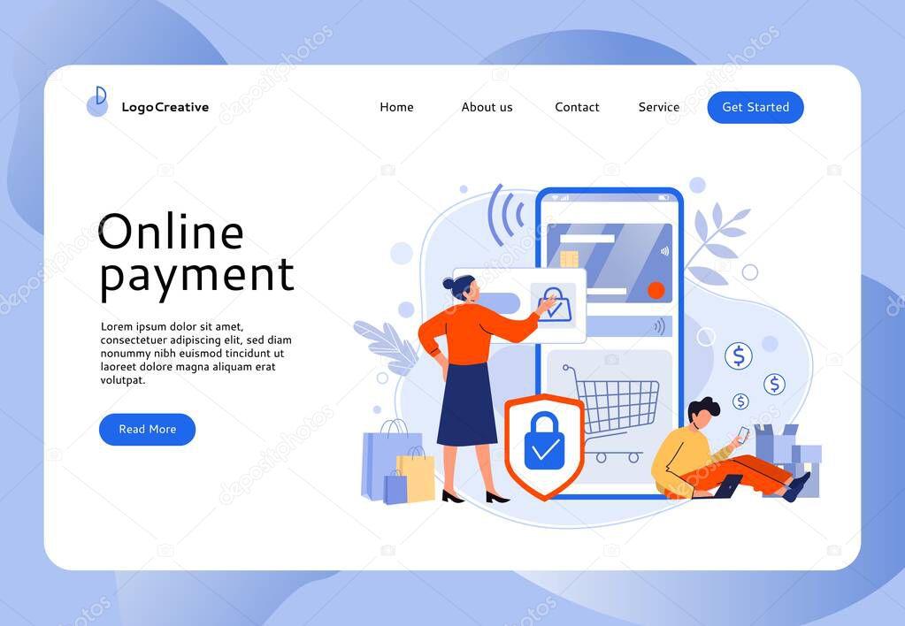 Secure online payment. People buy in mobile store, online shopping and easy website bank card payments vector illustration. E commerce, internet selling, electronic paying website layout