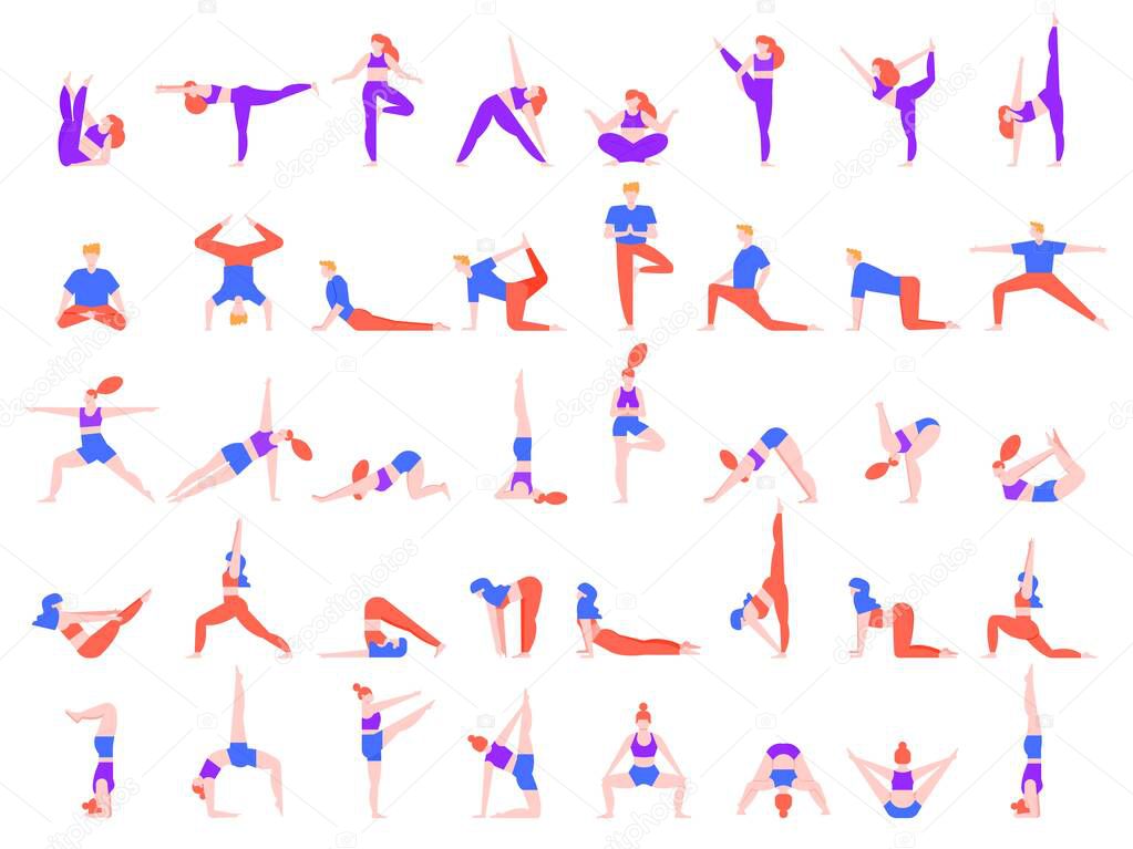 Yoga poses people. People doing yoga exercise, young man and woman yoga community vector illustration set. Meditation, balance training and relaxation asanas collection. Pilates practicing