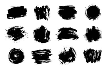 Grafik doku elementleri. Grunge vuruşu, sanatsal doku fırça darbeleri, izole edilmiş çizgi tasarım elemanı seti. Beyaz arka planda farklı siyah örnekler. Dağınık lekeler ve lekeler
