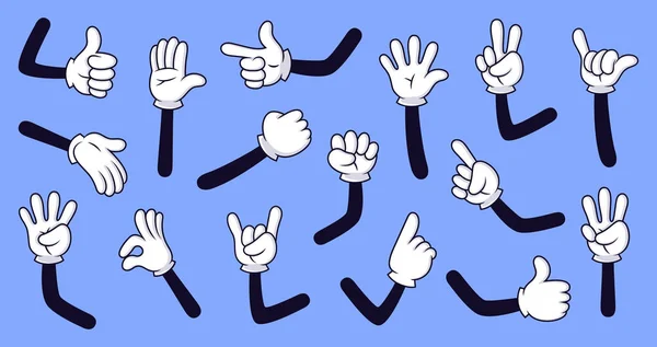 Rajzfilm kesztyű karok. Képregény kezek kesztyűben, retro firka karok különböző gesztusok vektor izolált illusztráció ikonok beállítva. Vicces kézzel rajzolt ujjak. Jelnyelvi csomag kék háttér — Stock Vector