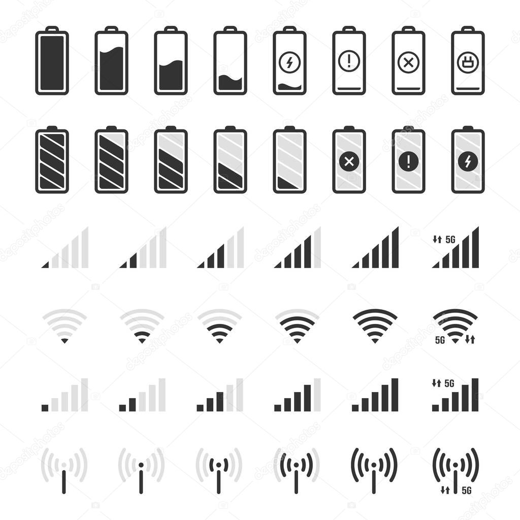 Battery and connection icons. Smartphone charge level, wifi and gsm signal strength, battery energy full and empty status UI elements vector isolated icons set. Internet access point icon collection
